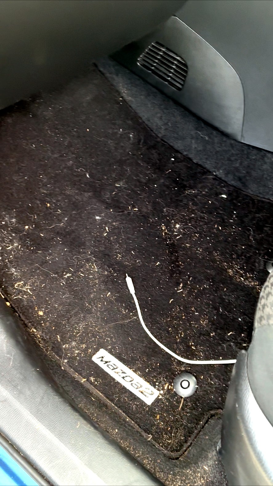 Mazda2 floor mat caked in dirt, dust and debris before cleaning
